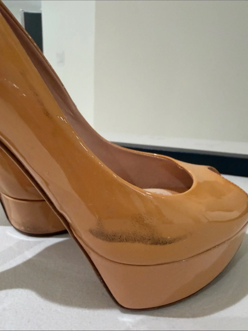 Dior Patent Leather Peep-Toe Platform Pumps in Caramel